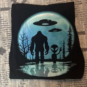 Port and Company Black Tee with Blue Green Alien & Bigfoot Graphic